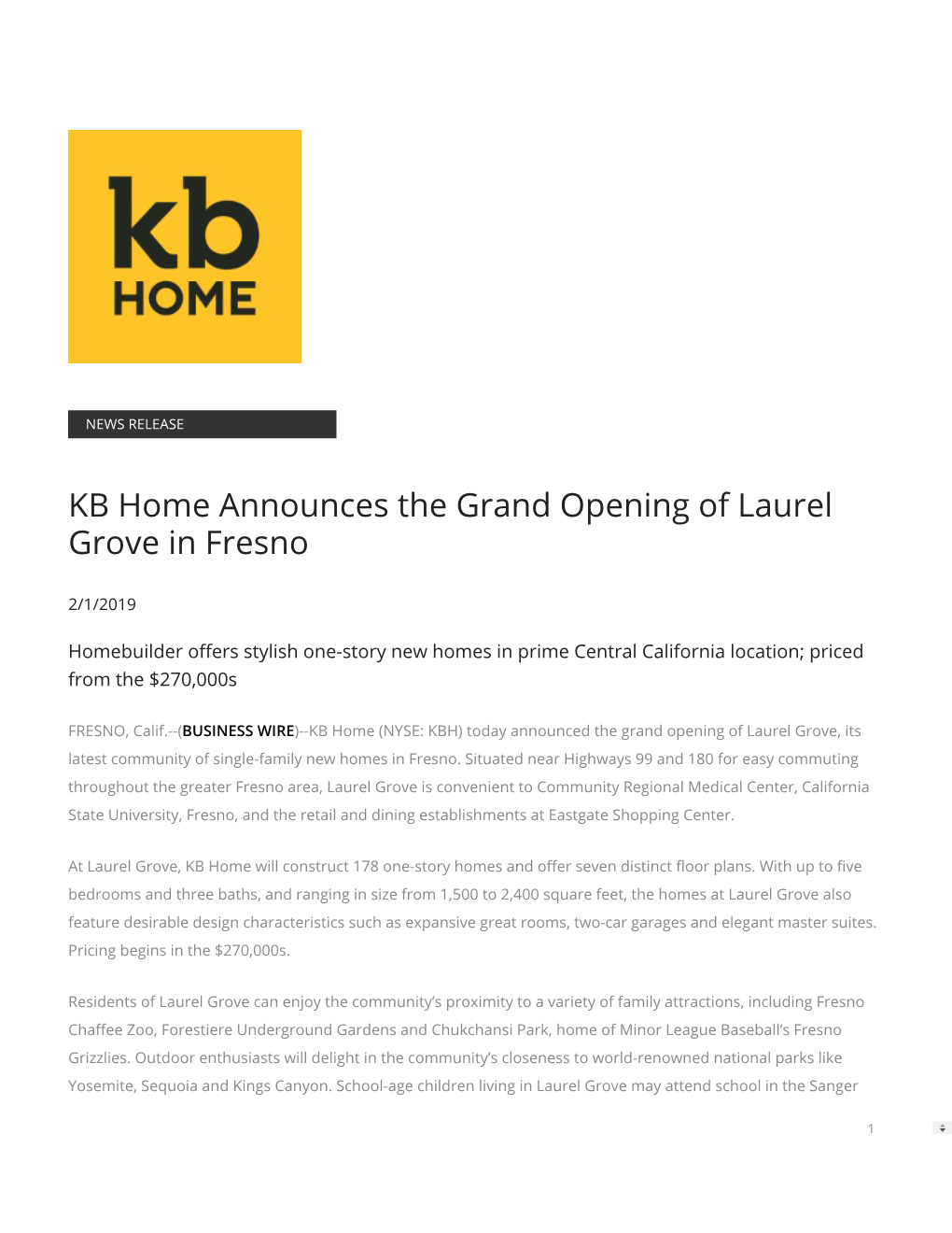 KB Home Announces the Grand Opening of Laurel Grove in Fresno