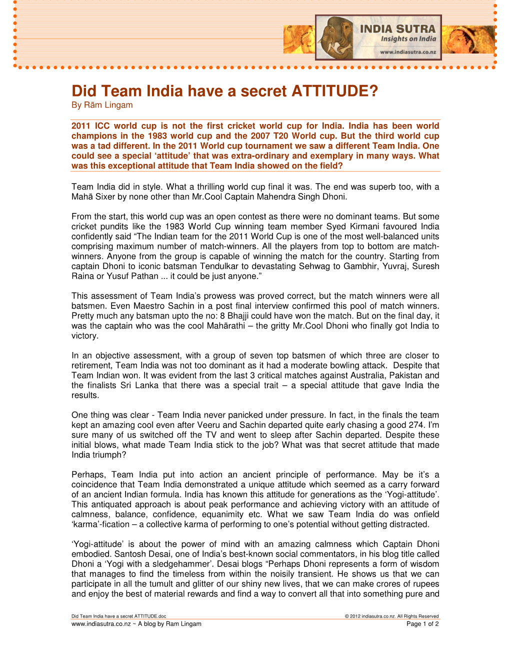 Did Team India Have a Secret ATTITUDE? by R Ām Lingam