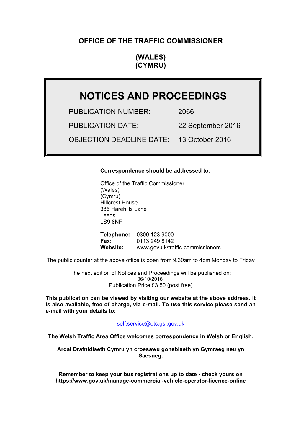 Notices and Proceedings: Wales: 22 September 2016