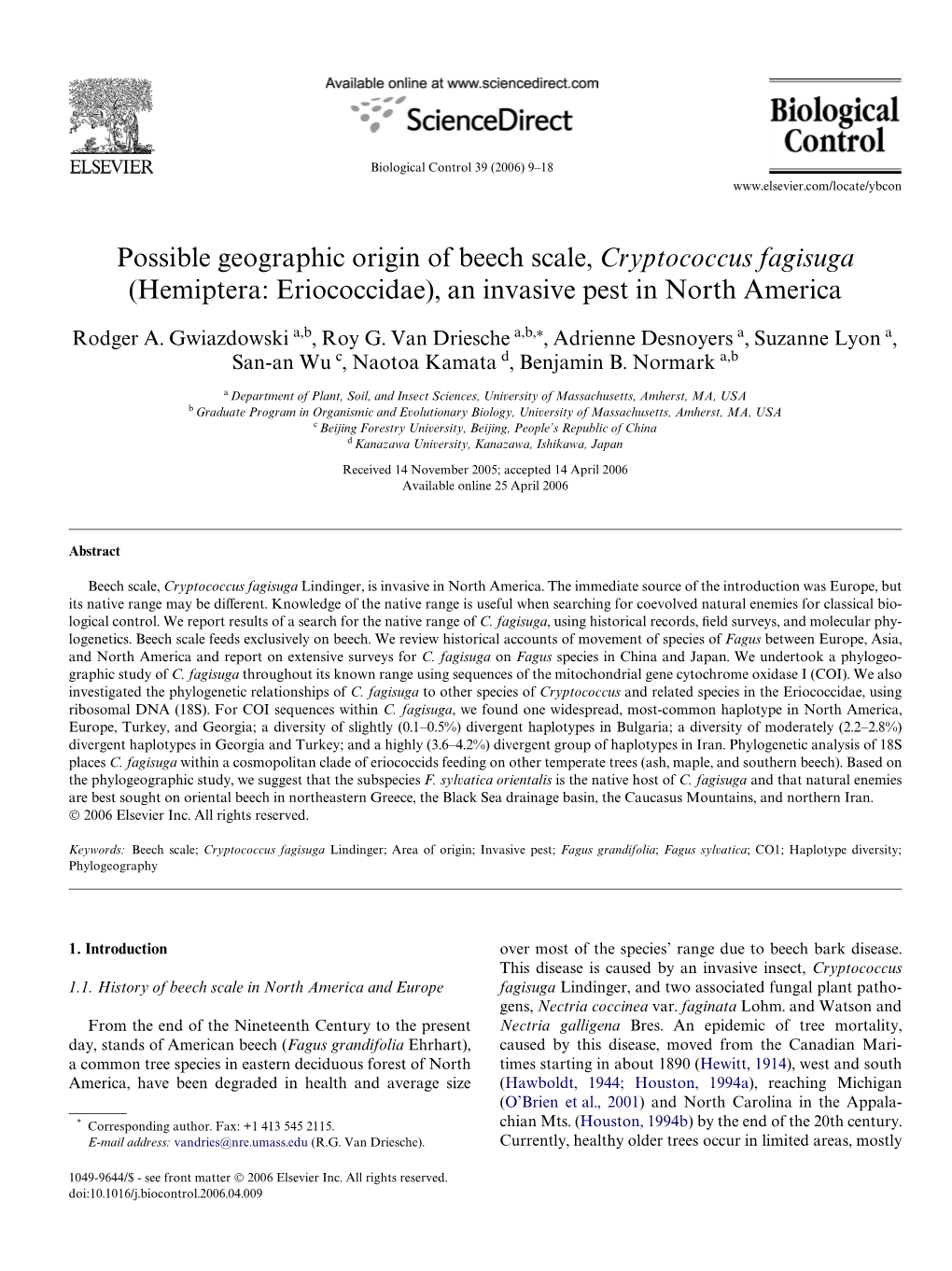 Possible Geographic Origin of Beech Scale, Cryptococcus Fagisuga (Hemiptera: Eriococcidae), an Invasive Pest in North America