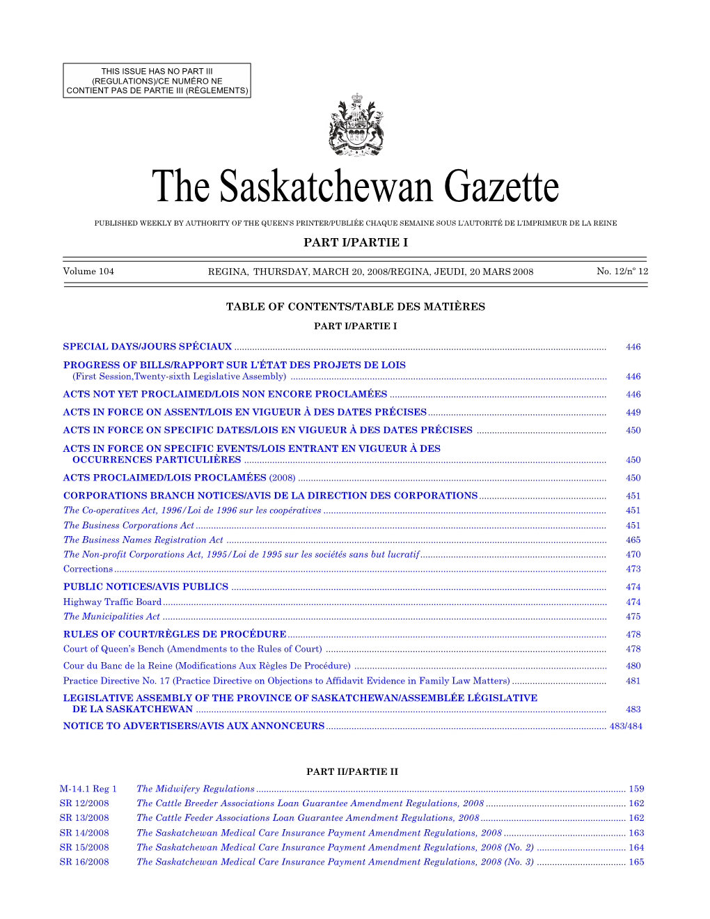 Sask Gazette, Part I, Mar 20, 2008