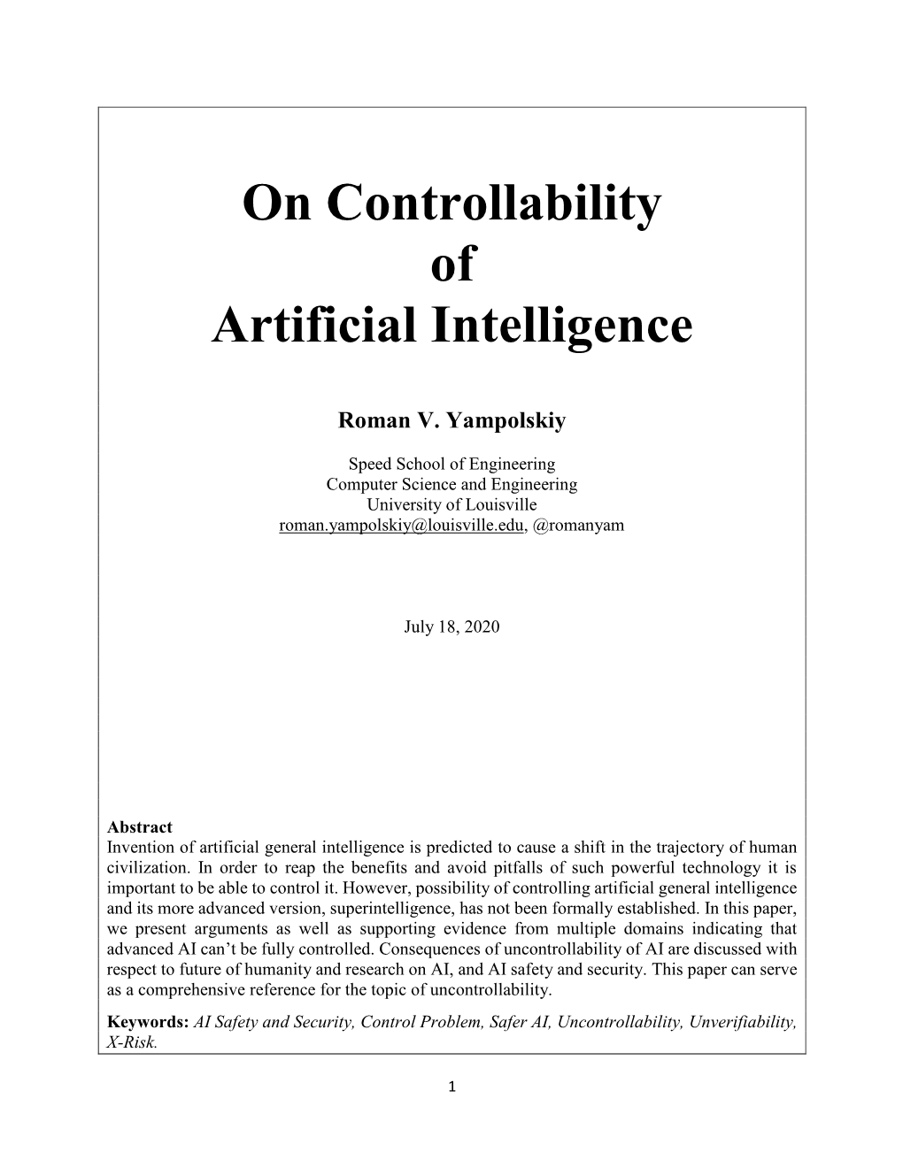 On Controllability of Artificial Intelligence