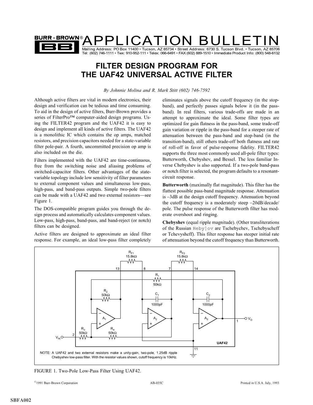 Filter Design Program for the Uaf42 Universal Active Filter