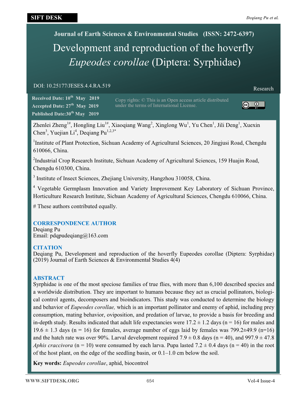 Development and Reproduction of the Hoverfly Eupeodes Corollae (Diptera: Syrphidae)