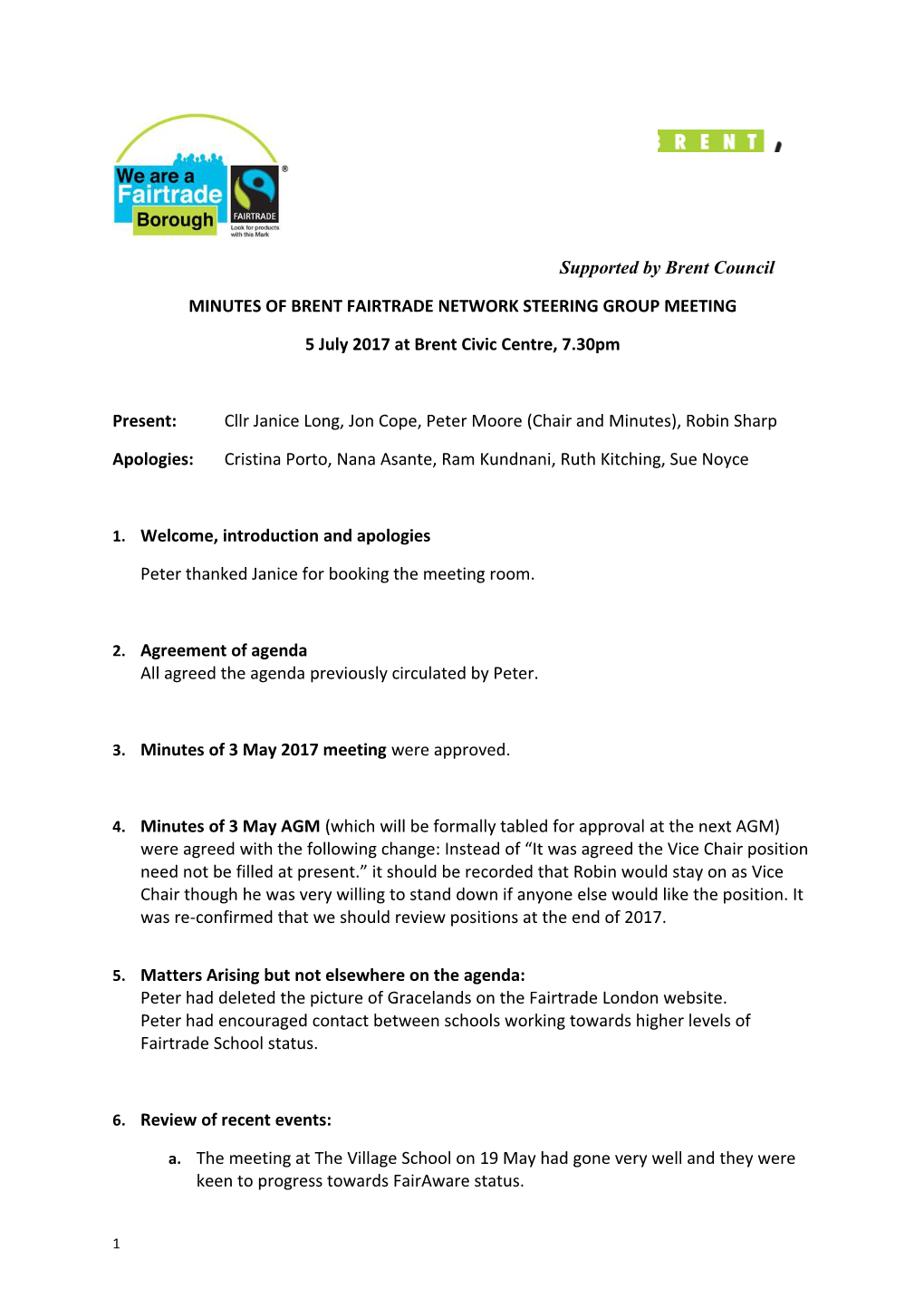 Minutes of Brent Fairtrade Network Steering Group Meeting