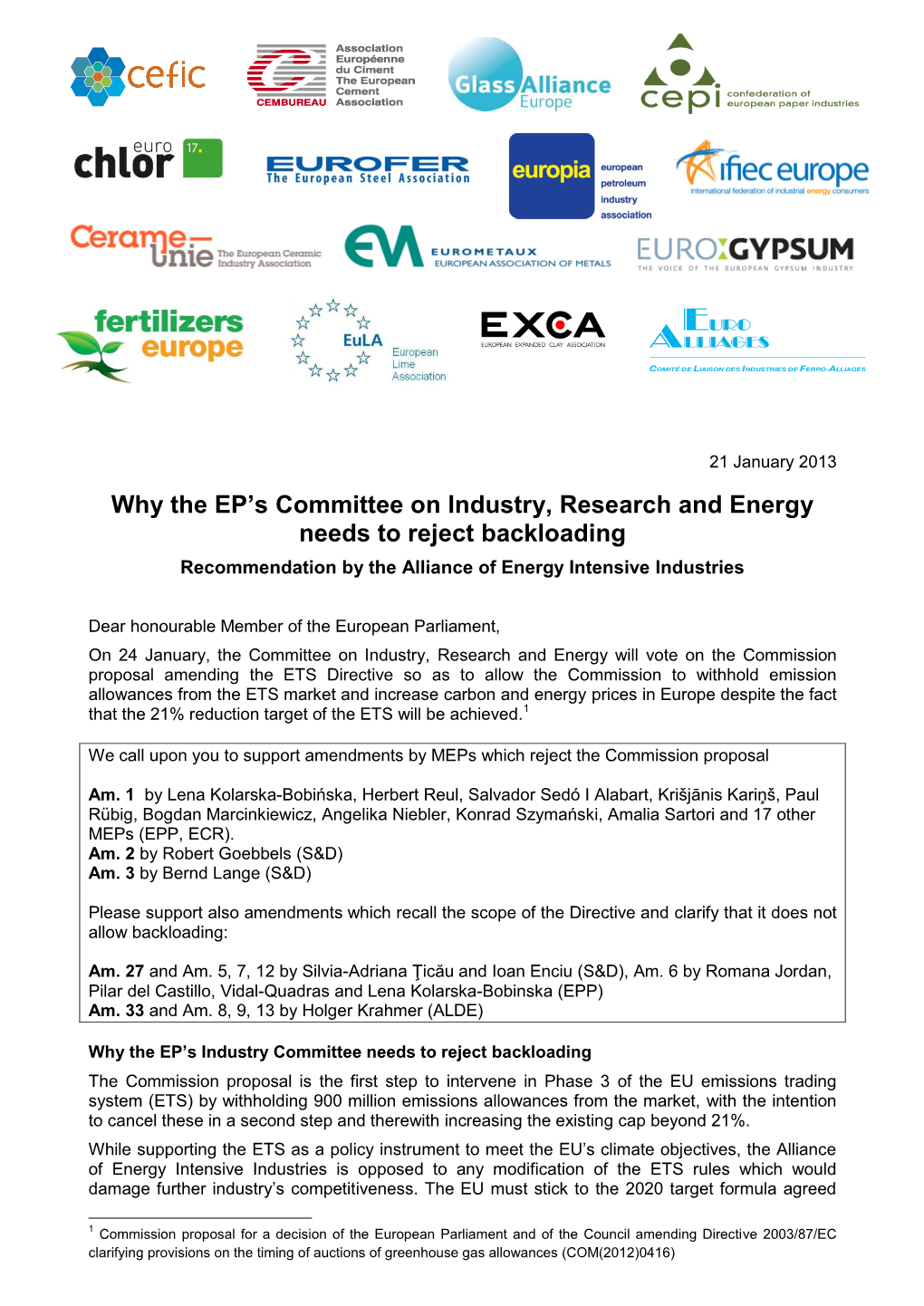 Energy Intensive Industries Recommendation on ETS Revision