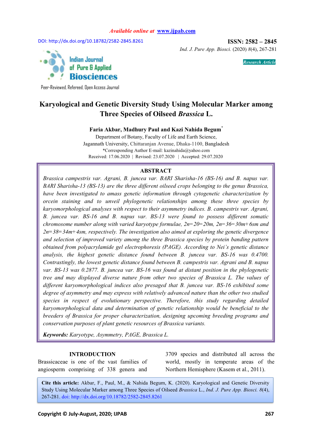 Karyological and Genetic Diversity Study Using Molecular Marker Among Three Species of Oilseed Brassica L