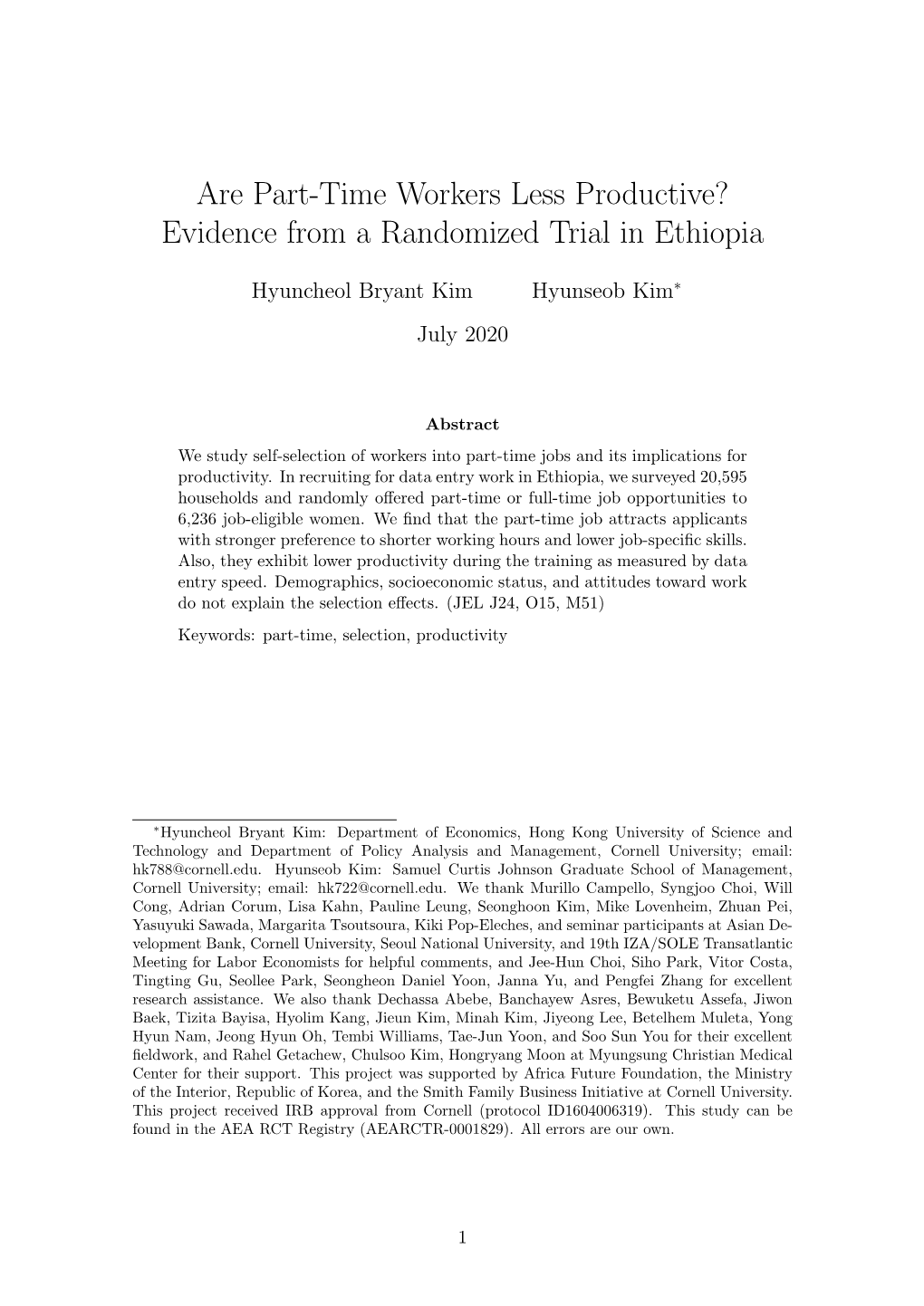 Are Part-Time Workers Less Productive? Evidence from a Randomized Trial in Ethiopia