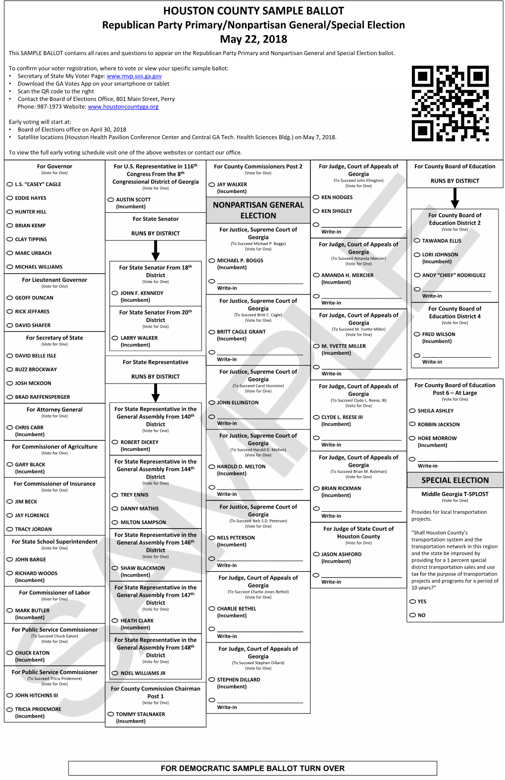 HOUSTON COUNTY SAMPLE BALLOT May 22, 2018