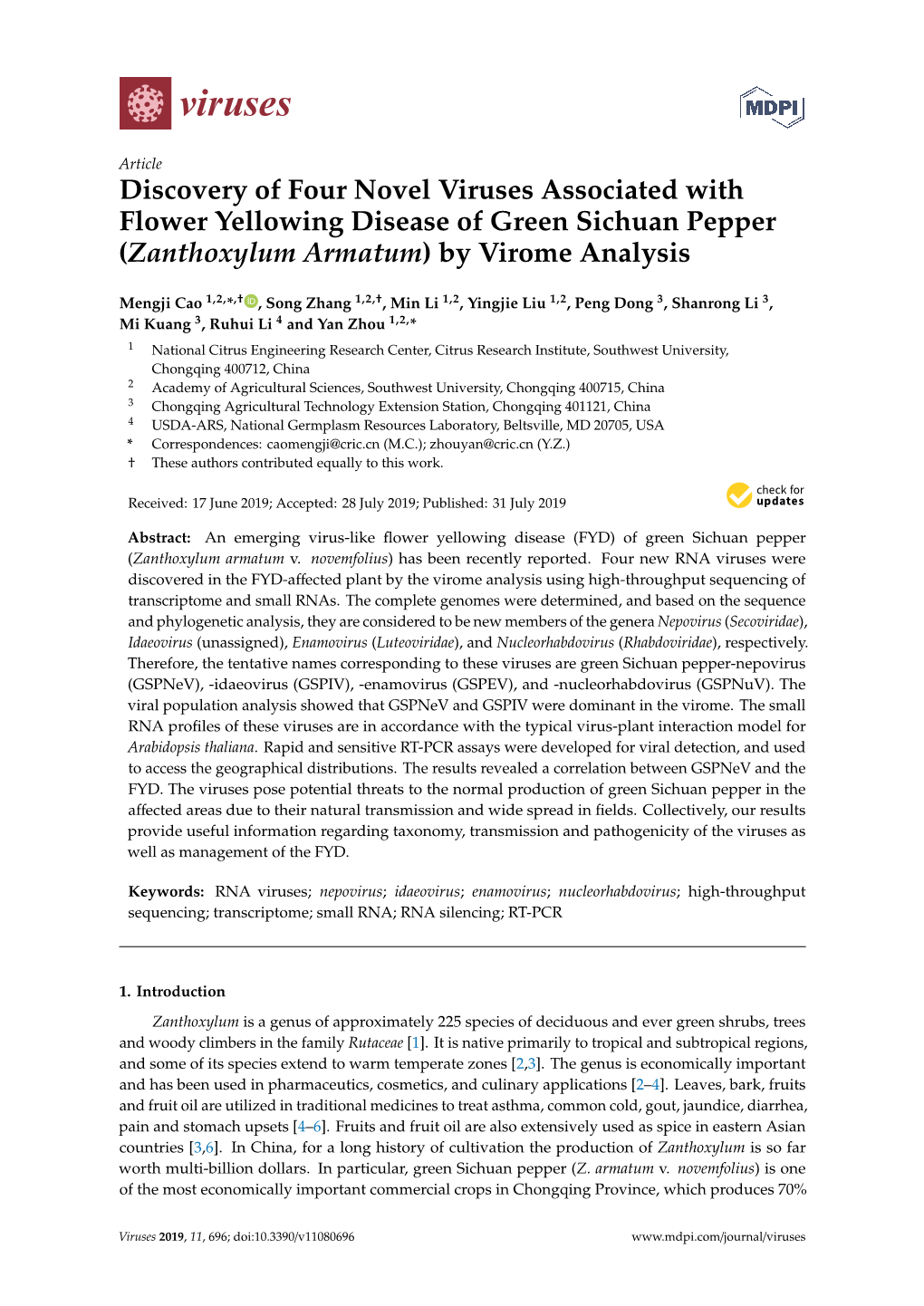 Discovery of Four Novel Viruses Associated with Flower Yellowing Disease of Green Sichuan Pepper (Zanthoxylum Armatum) by Virome Analysis