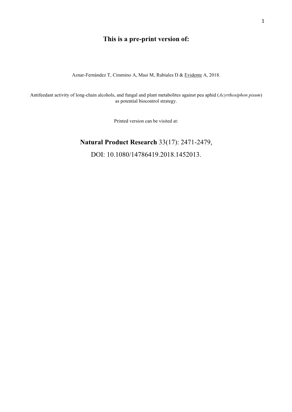 This Is a Pre-Print Version Of: Natural Product Research 33(17): 2471-2479, DOI: 10.1080/14786419.2018.1452013