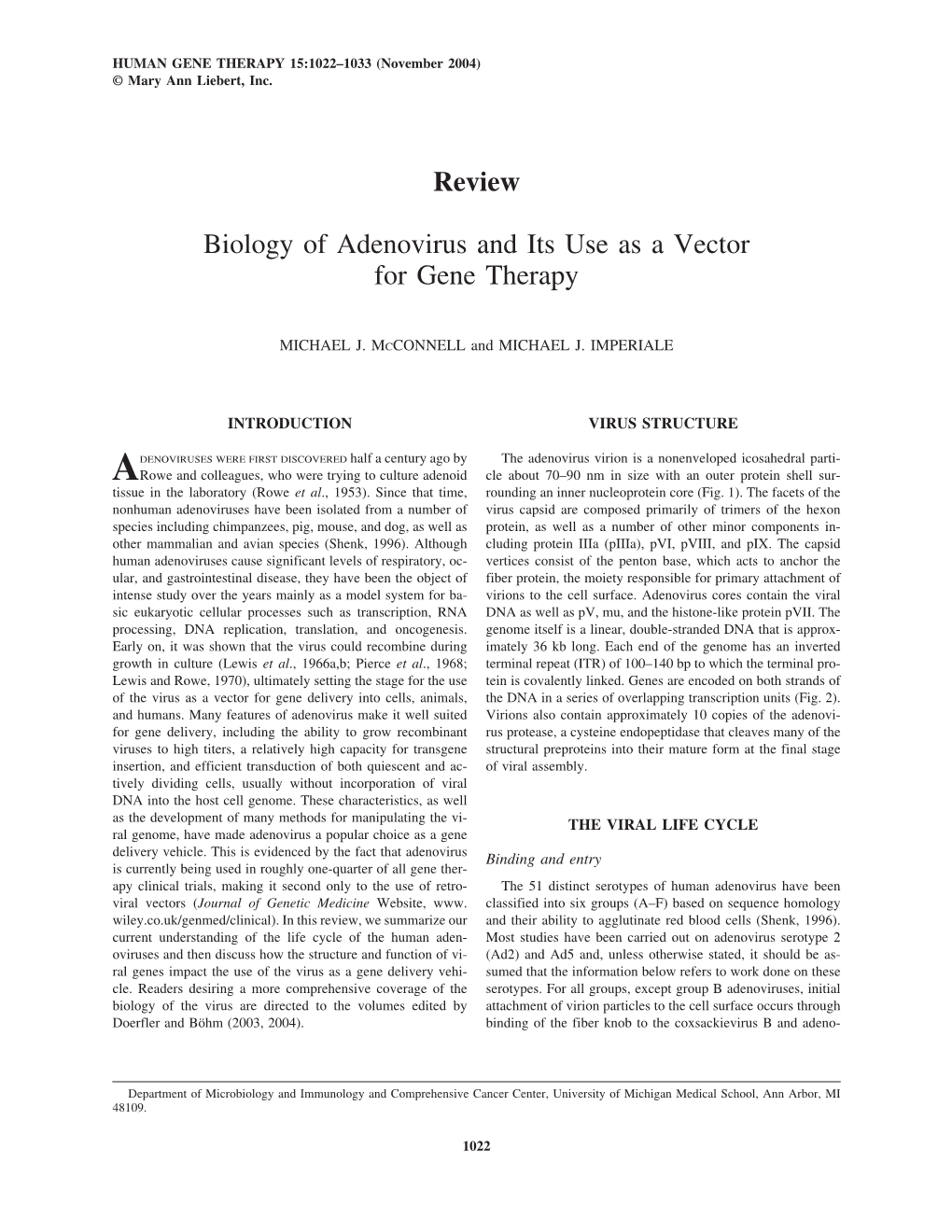 Biology of Adenovirus and Its Use As a Vector for Gene Therapy