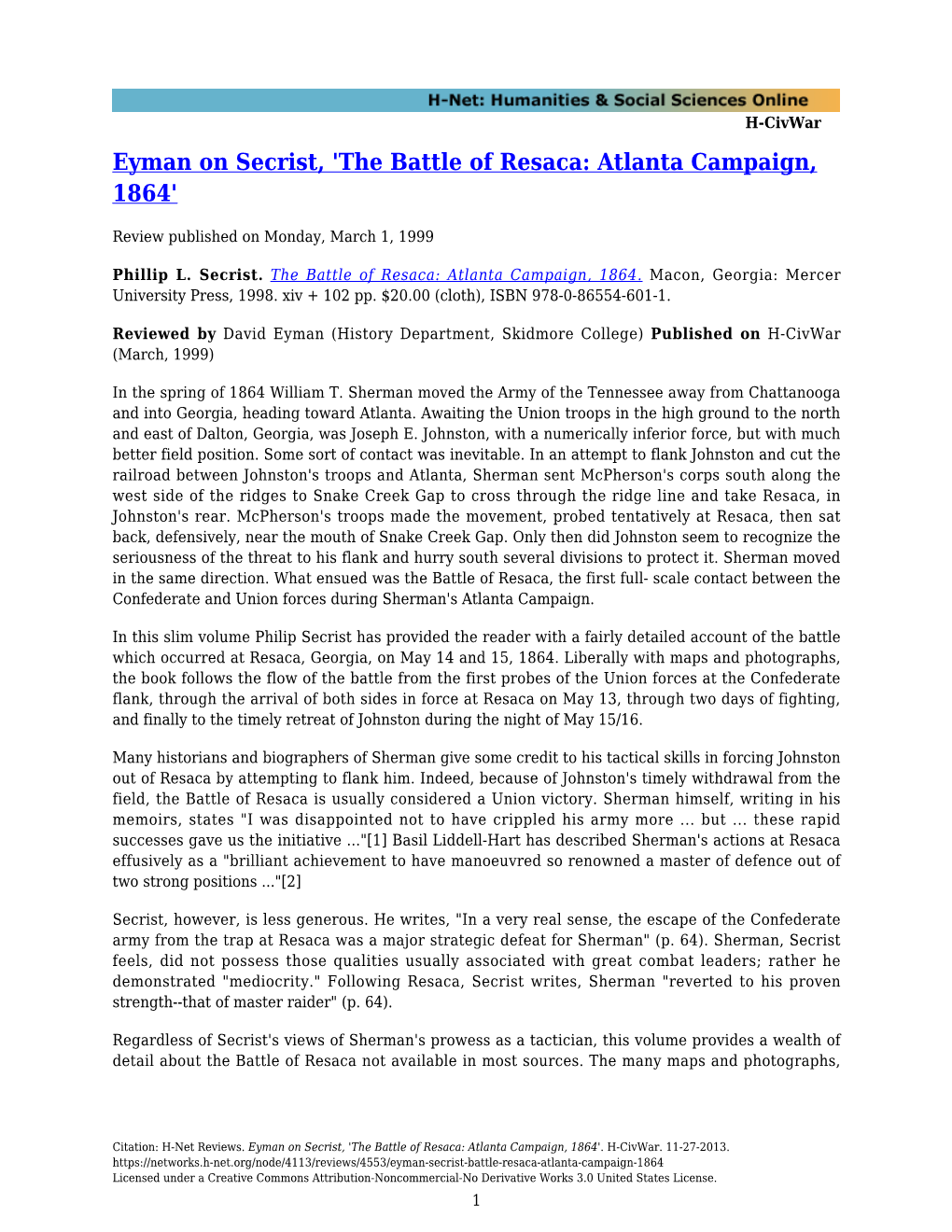 Eyman on Secrist, 'The Battle of Resaca: Atlanta Campaign, 1864'