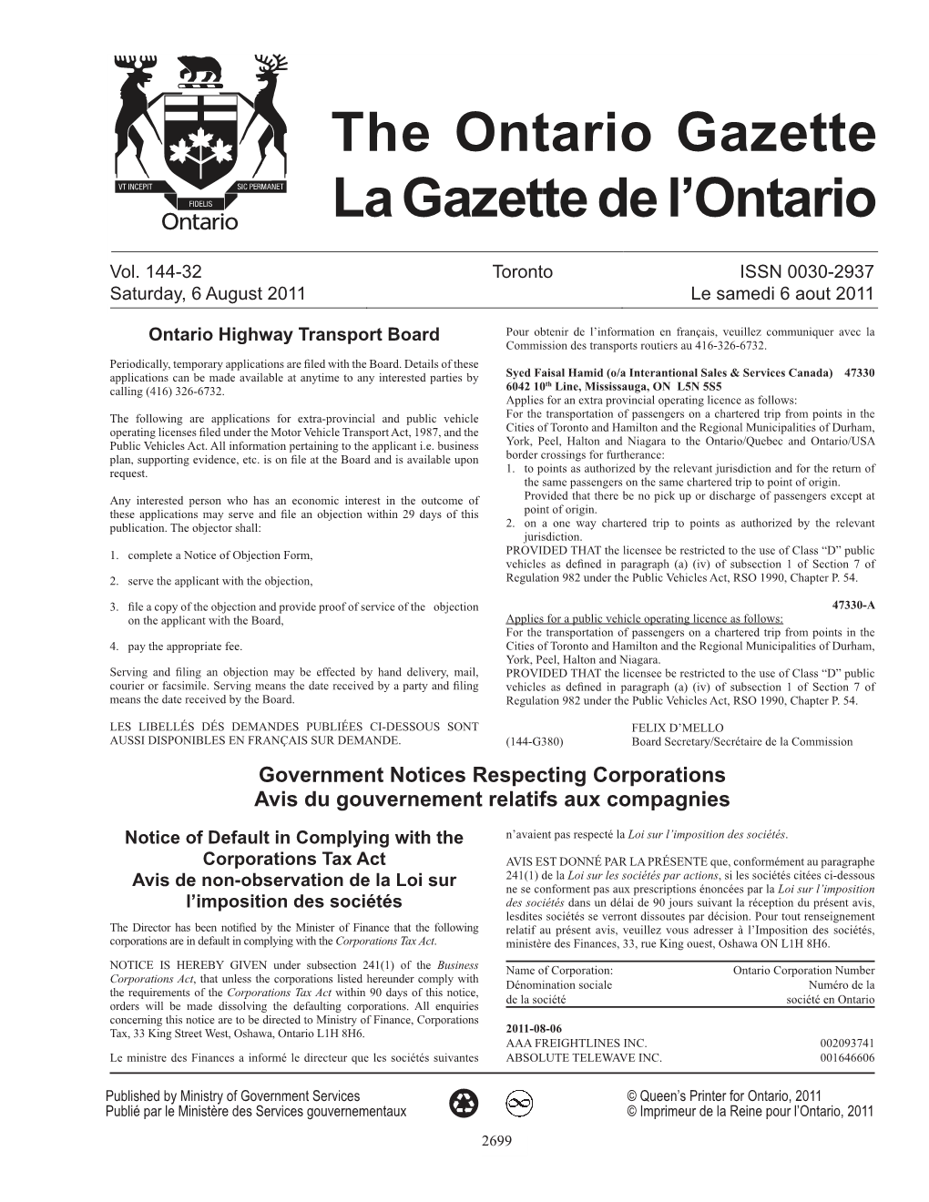 Ontario Gazette Volume 144 Issue 32, La Gazette De L'ontario Volume 144