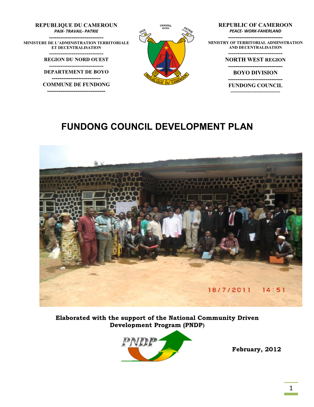 FUNDONG COUNCIL DEVELOPMENT PLAN Kumbo, the ………………………