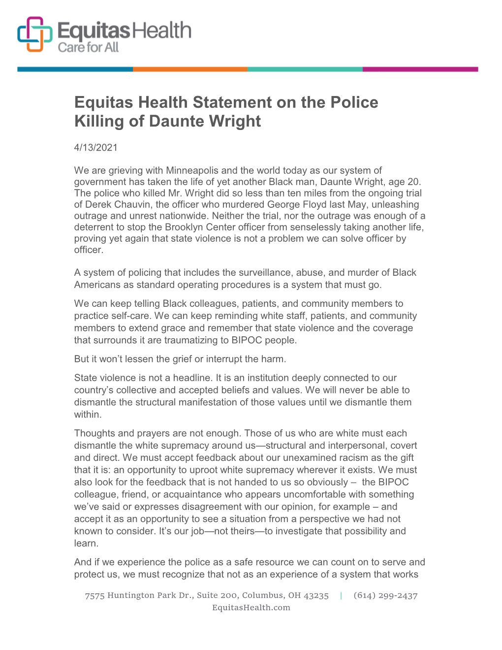 Public Statement on the Police Killing of Daunte Wright