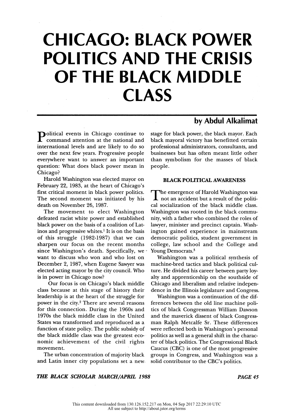 Chicago: Black Power Politics and the Crisis of the Black Middle Class