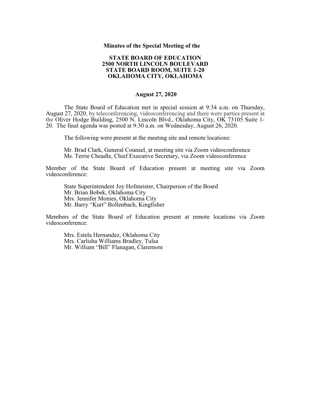 Minutes of the Special Meeting of the STATE BOARD of EDUCATION