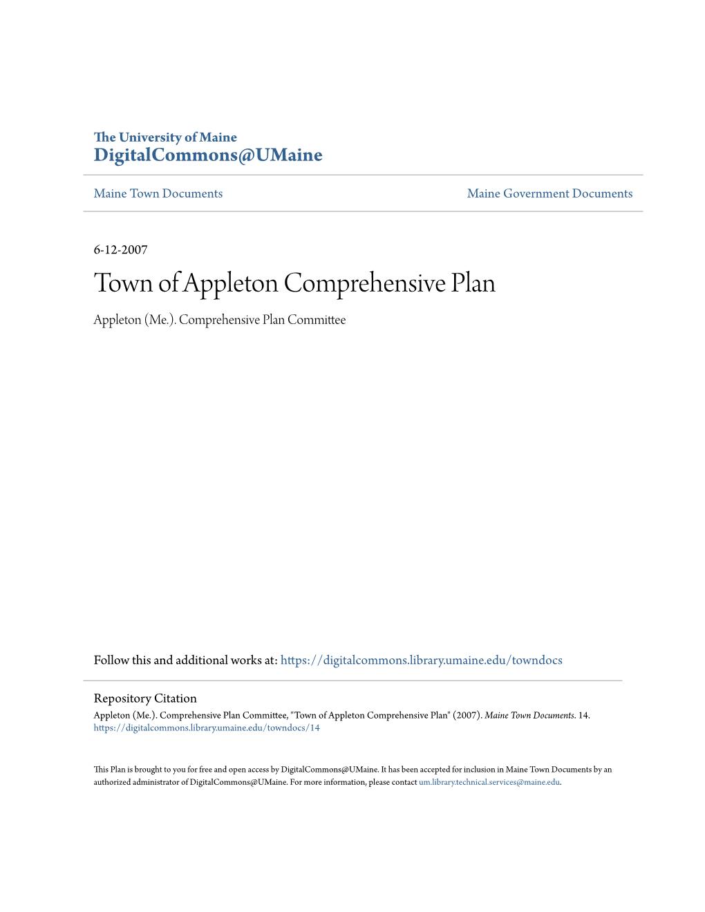 Town of Appleton Comprehensive Plan Appleton (Me.)