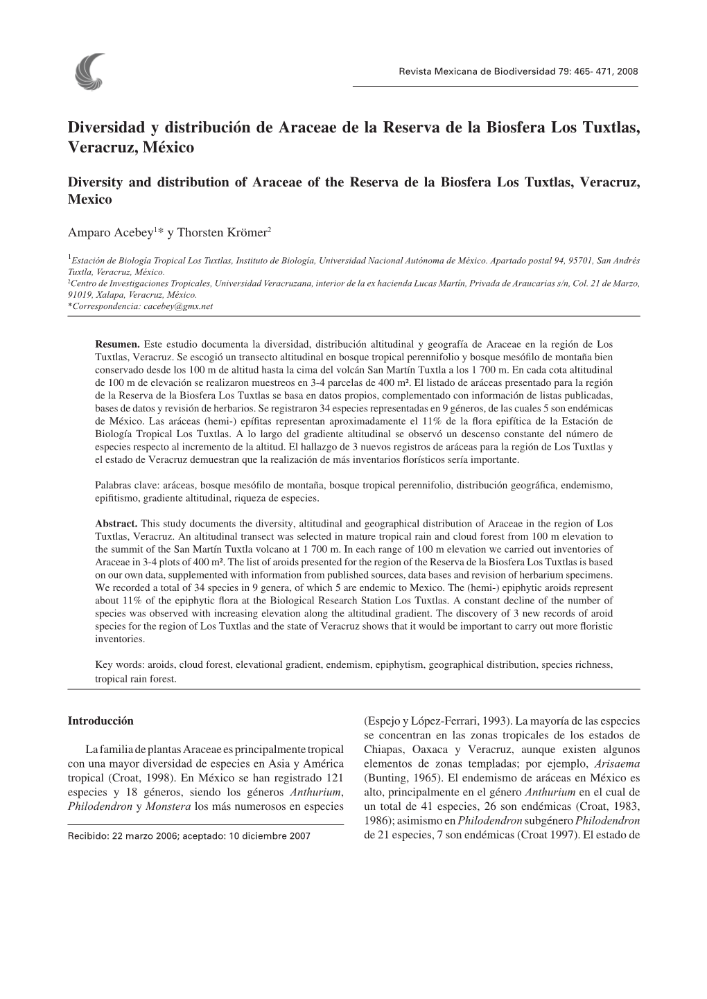 Diversidad Y Distribución De Araceae De La Reserva De La Biosfera Los Tuxtlas, Veracruz, México