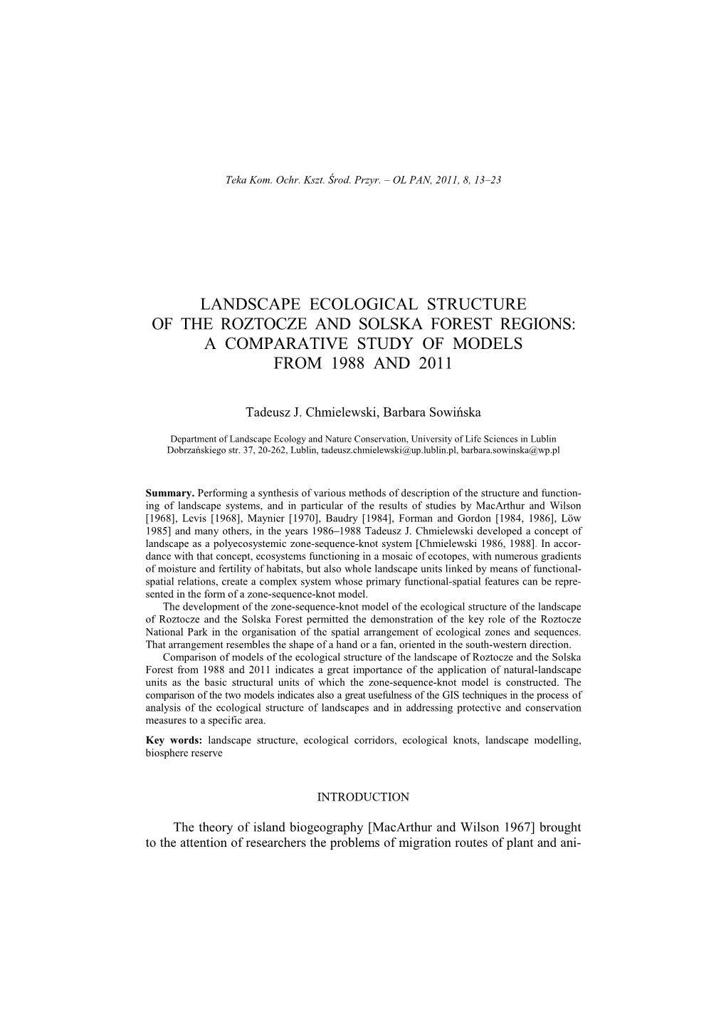 Landscape Ecological Structure of the Roztocze and Solska Forest Regions: a Comparative Study of Models from 1988 and 2011