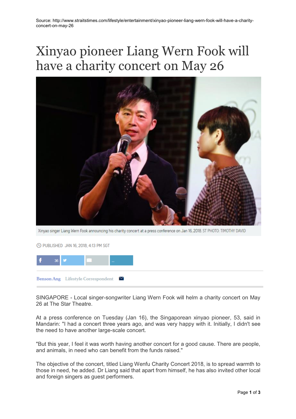 Xinyao Pioneer Liang Wern Fook Will Have a Charity Concert on May 26