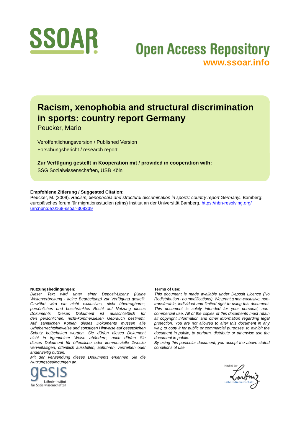 Racism, Xenophobia and Structural Discrimination in Sports: Country Report Germany Peucker, Mario