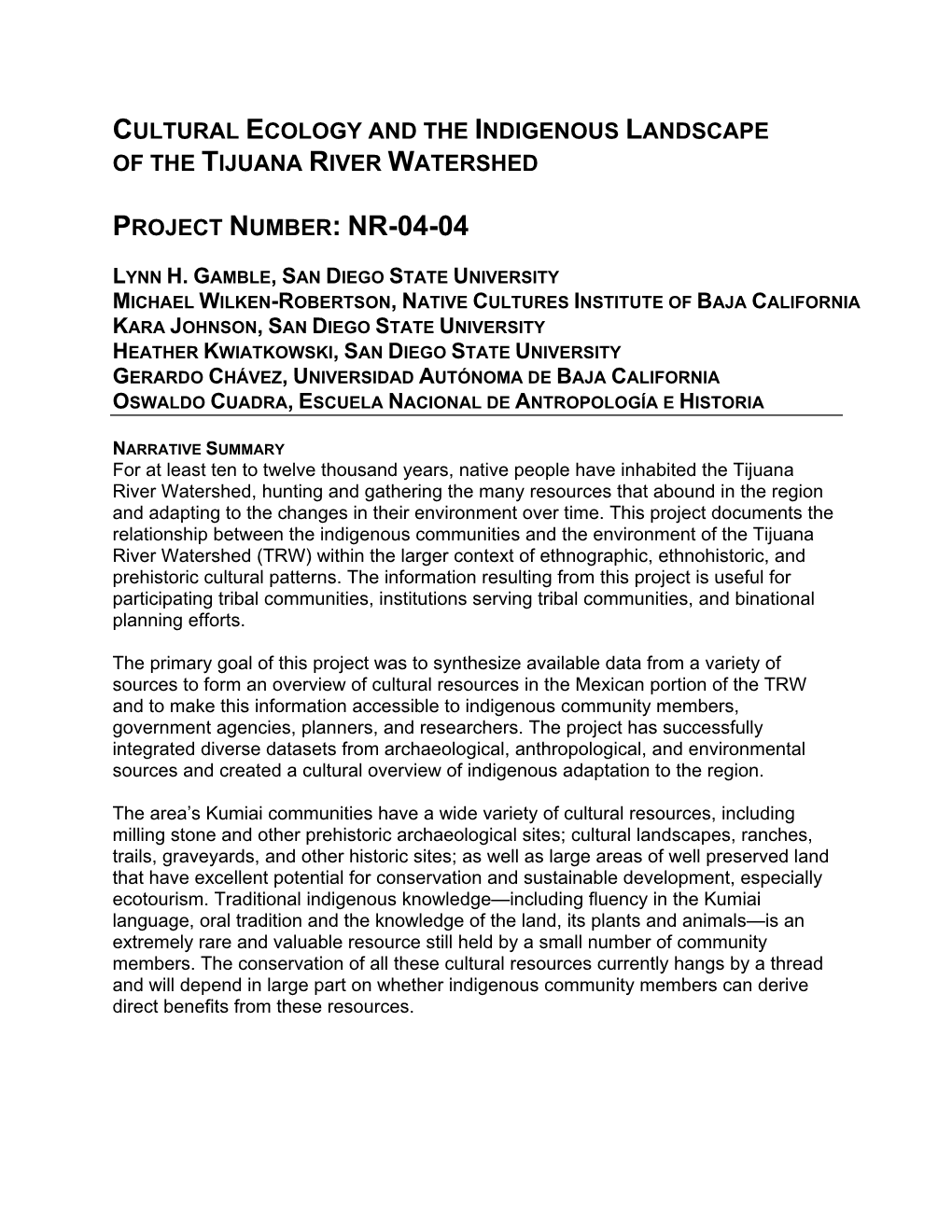 Cultural Ecology and the Indigenous Landscape of the Tijuana River Watershed