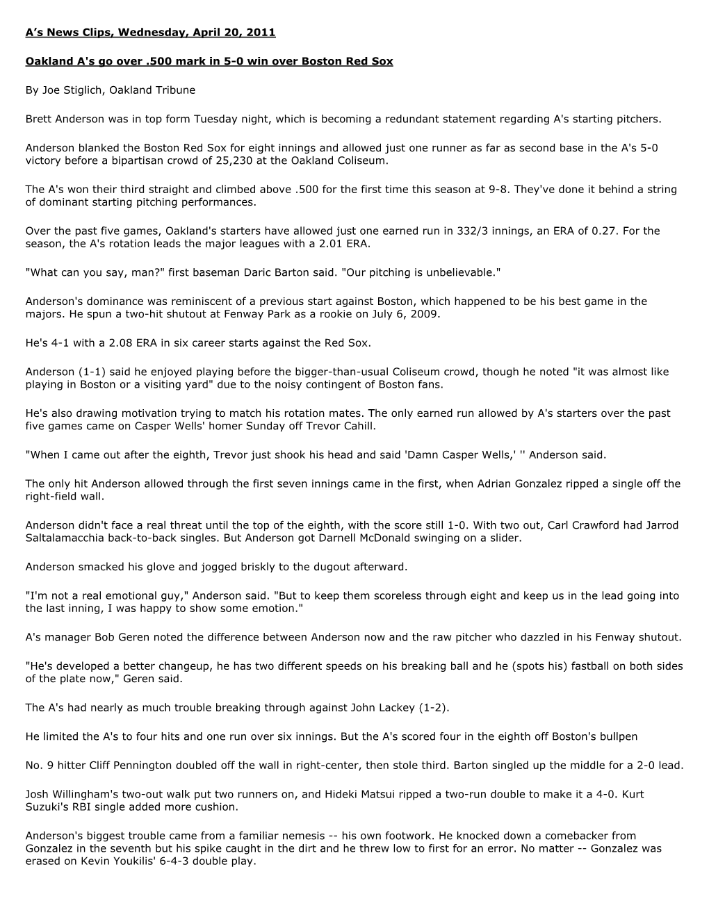 A's News Clips, Wednesday, April 20, 2011 Oakland A's Go Over