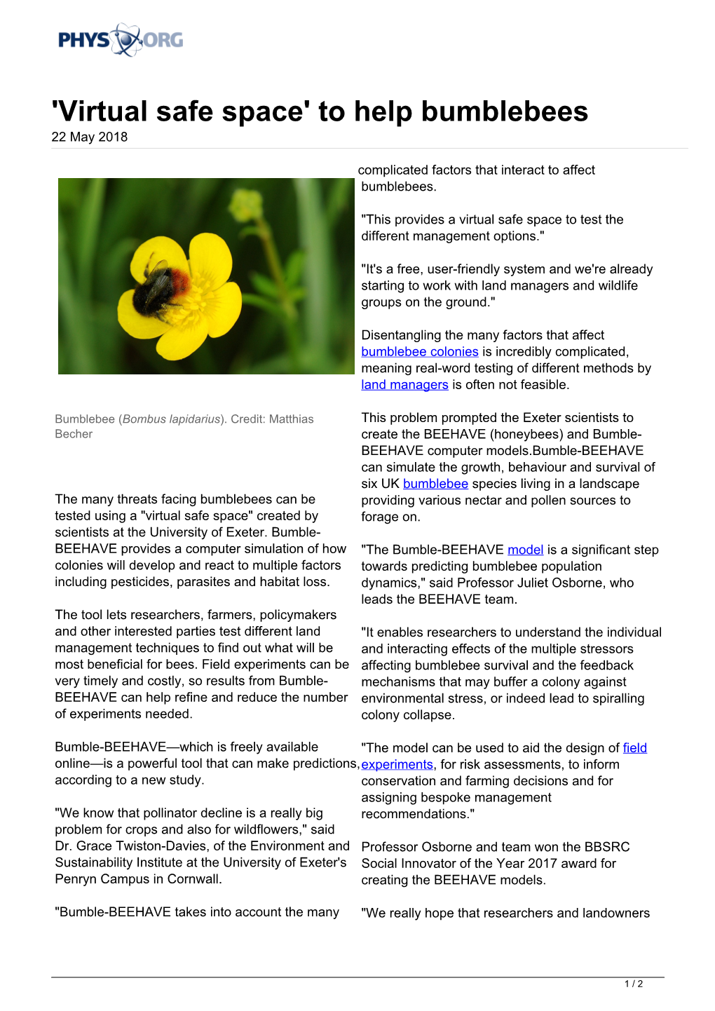 'Virtual Safe Space' to Help Bumblebees 22 May 2018