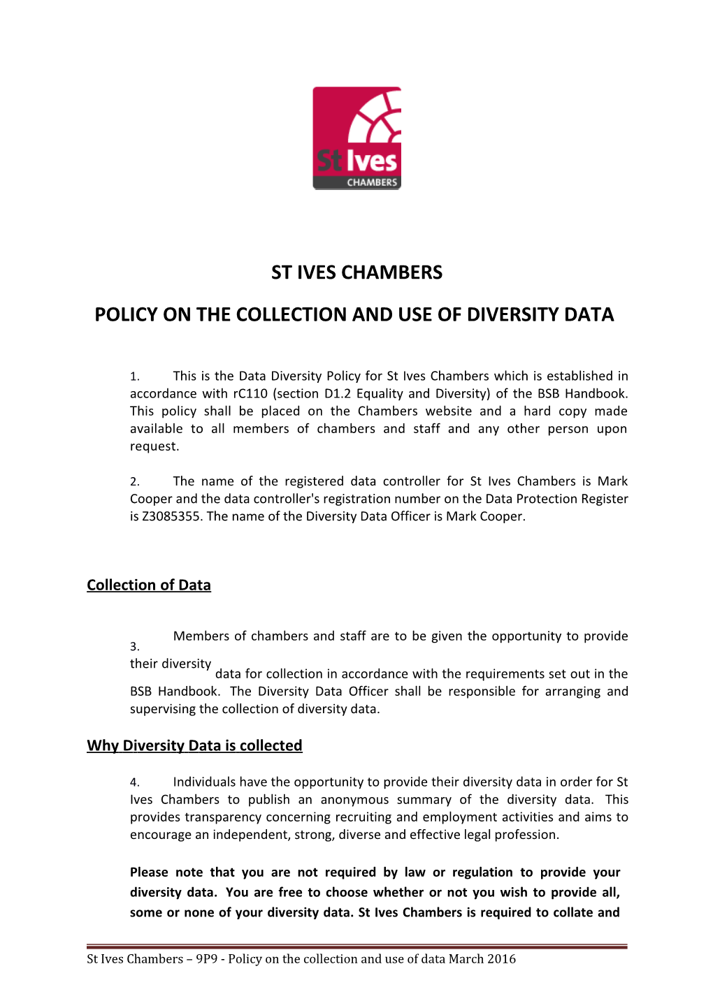 Policy on the Collection and Use of Diversity Data