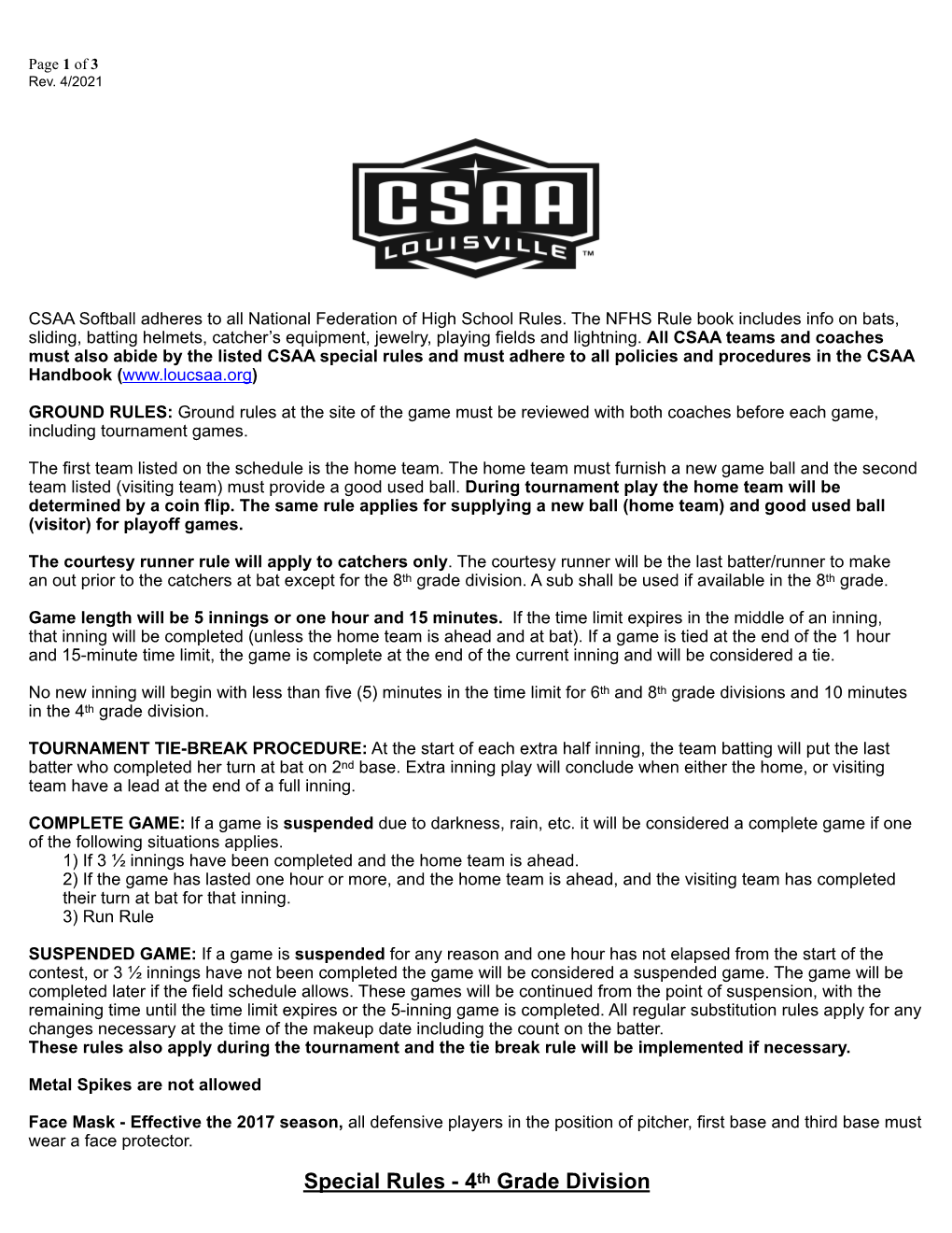 2021 Revised Special Rules-Fast Pitch Softball
