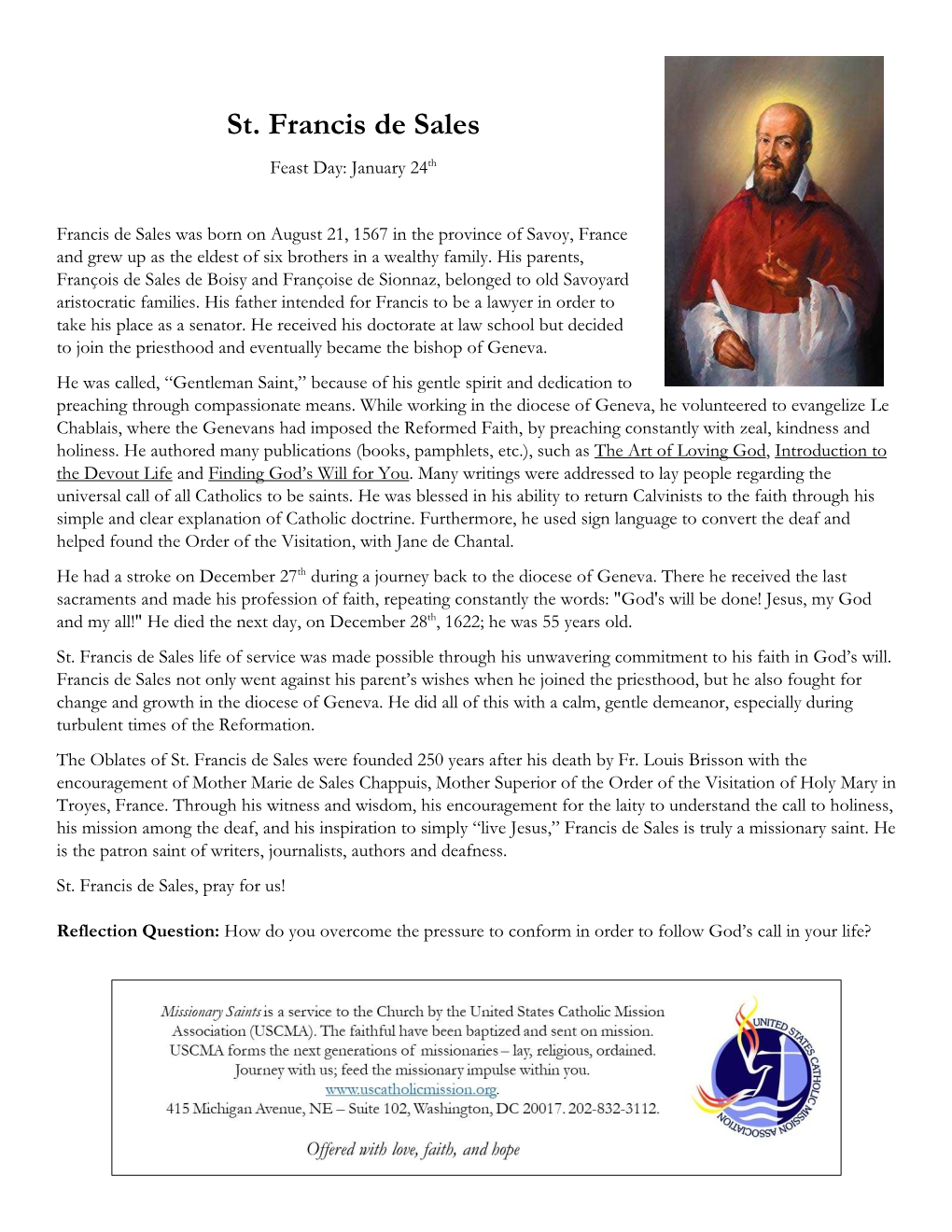 St. Francis De Sales Feast Day: January 24Th