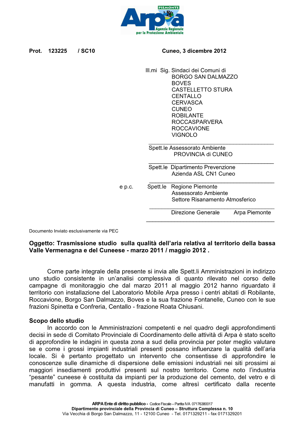 Oggetto: Trasmissione Studio Sulla Qualità Dell'aria Relativa Al Territorio