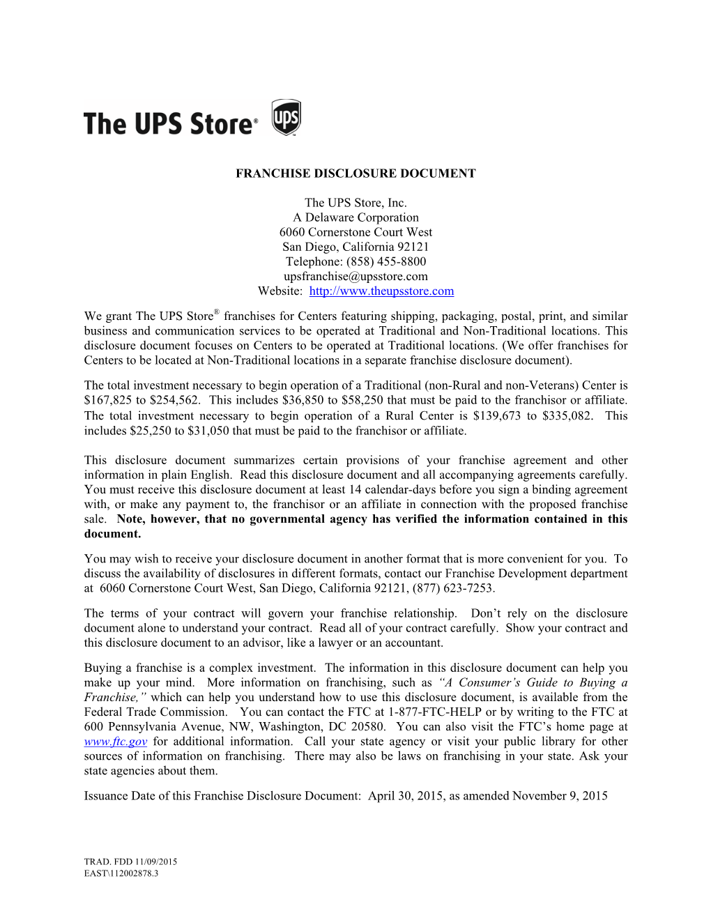 The UPS Store Franchise Disclosure Document;