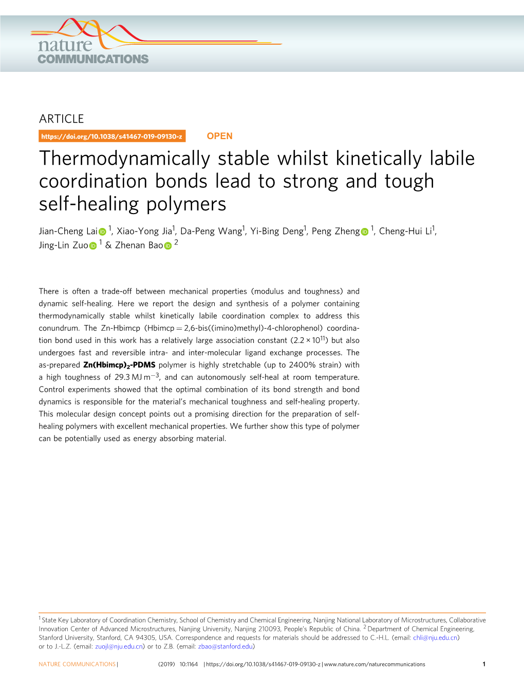 Thermodynamically Stable Whilst Kinetically Labile Coordination Bonds Lead to Strong and Tough Self-Healing Polymers