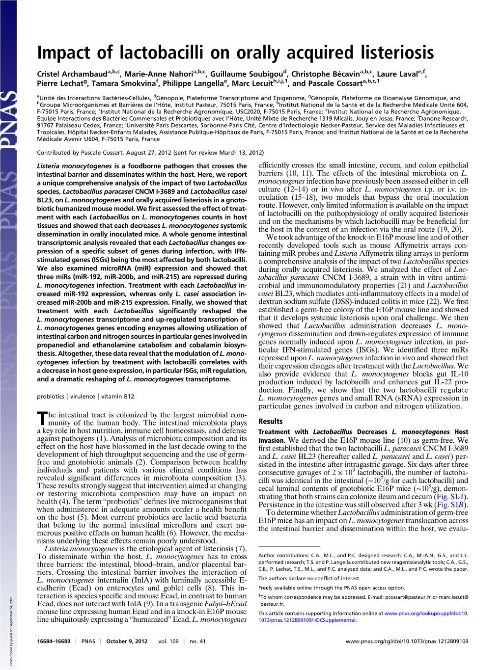 Impact of Lactobacilli on Orally Acquired Listeriosis