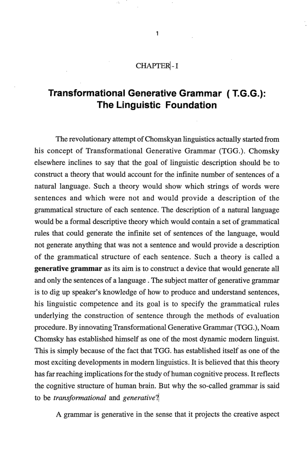 Transformational Generative Grammar ( T.G.G.): the Linguistic Foundation