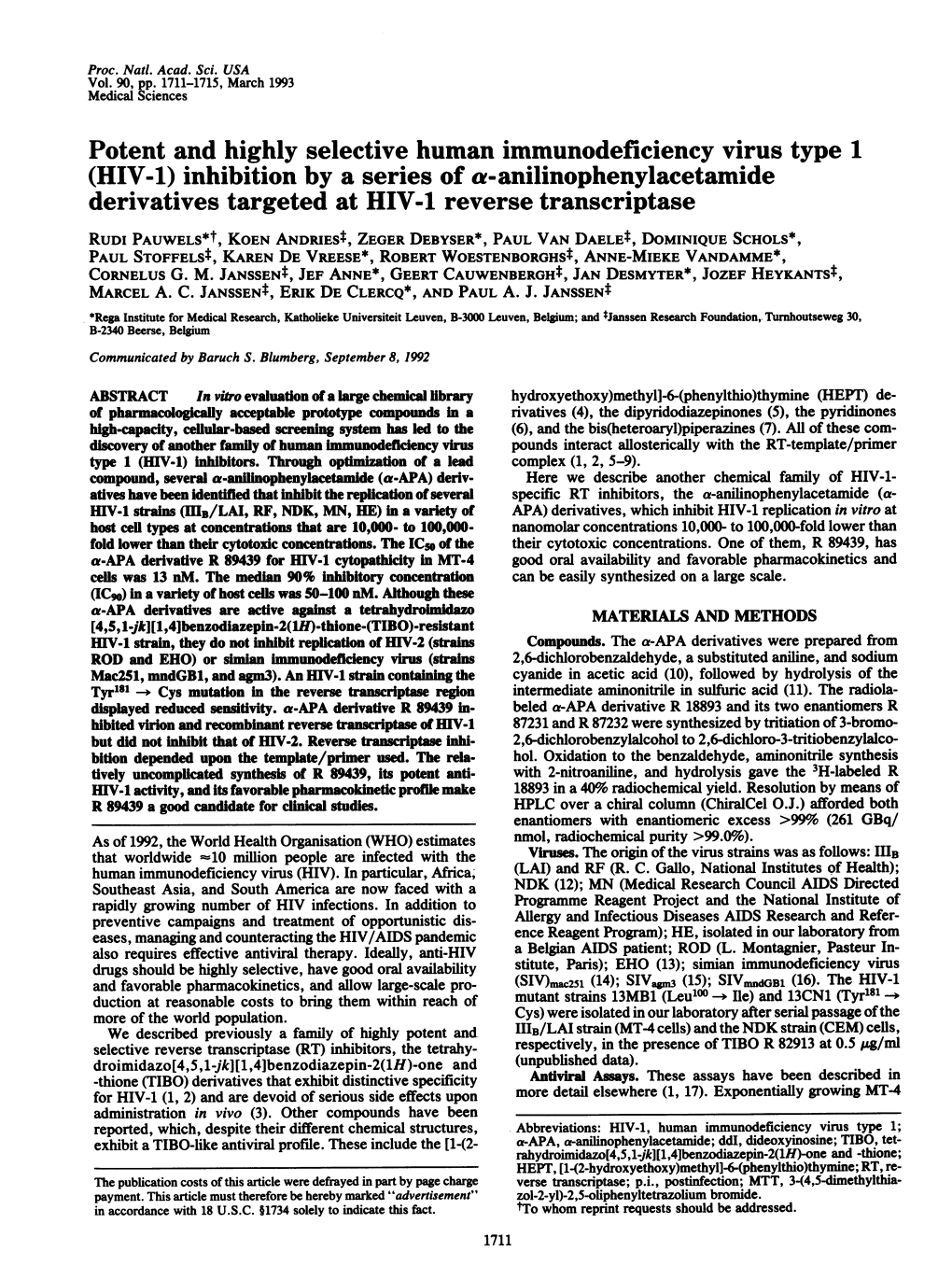 Potent and Highly Selective Human Immunodeficiency Virus Type 1