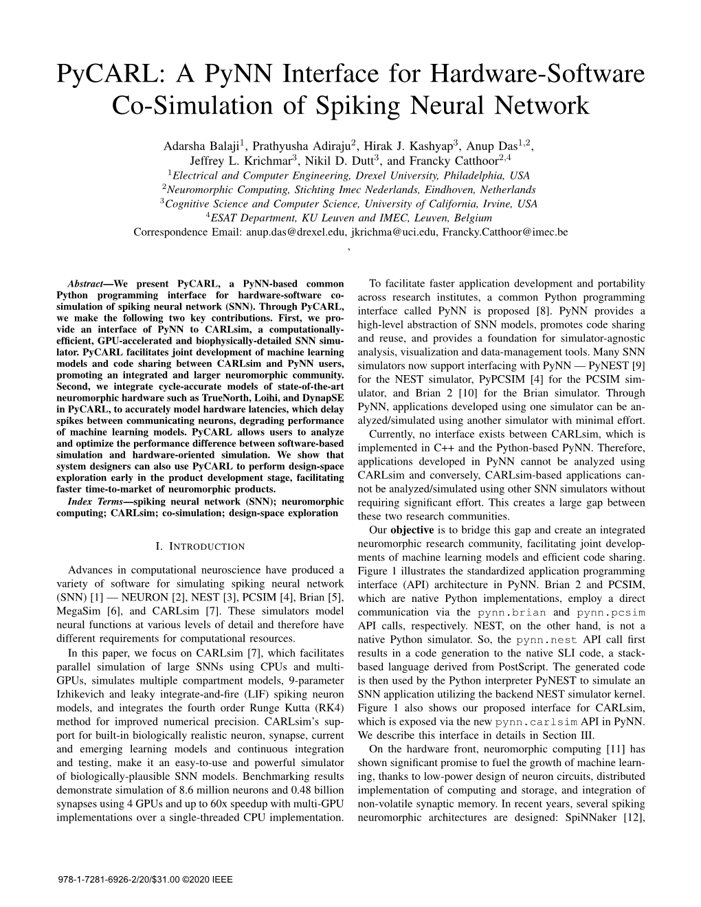 Pycarl: a Pynn Interface for Hardware-Software Co-Simulation of Spiking Neural Network