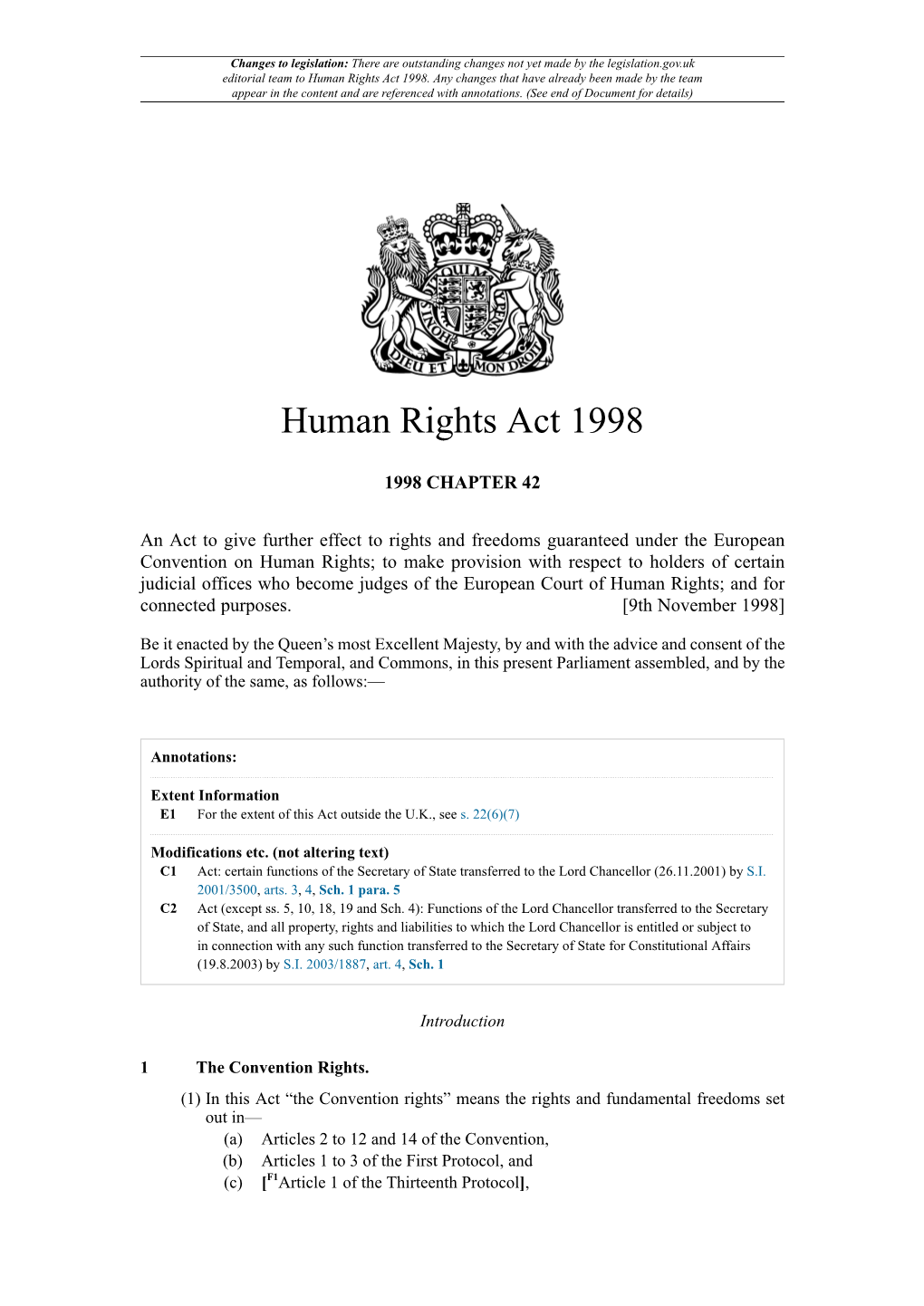 Human Rights Act (1998, As of 2014)