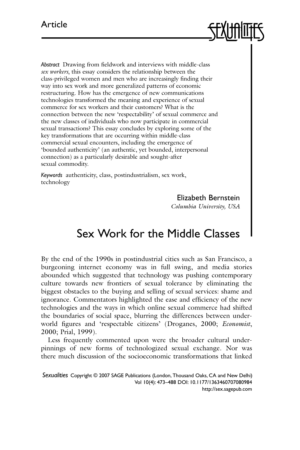 Sex Work for the Middle Classes Bernstein Sexualities