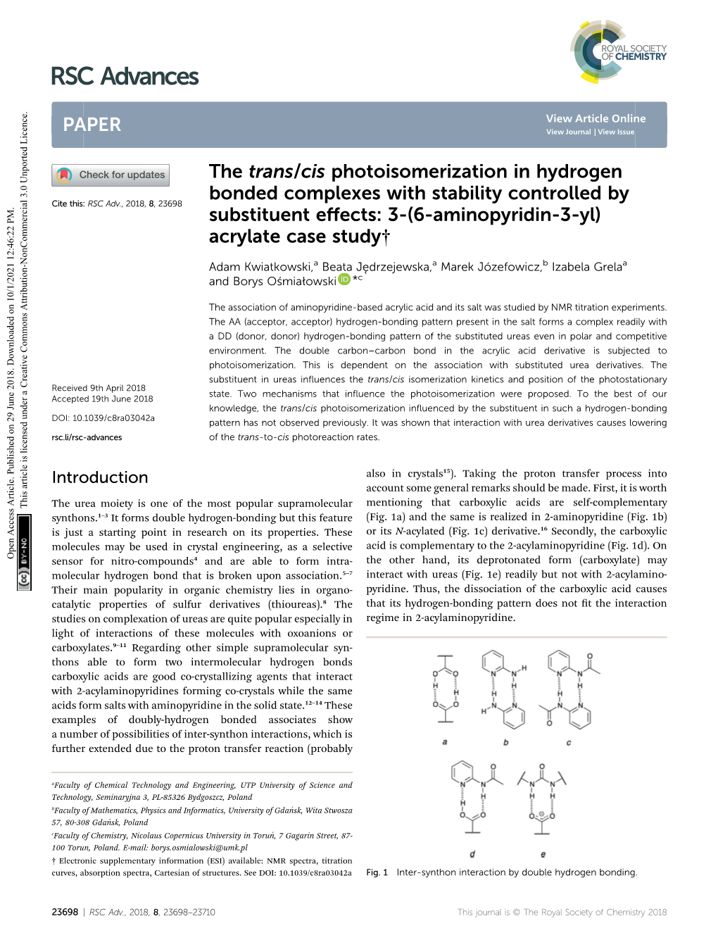 The Trans/Cis Photoisomerization in Hydrogen Bonded Complexes With