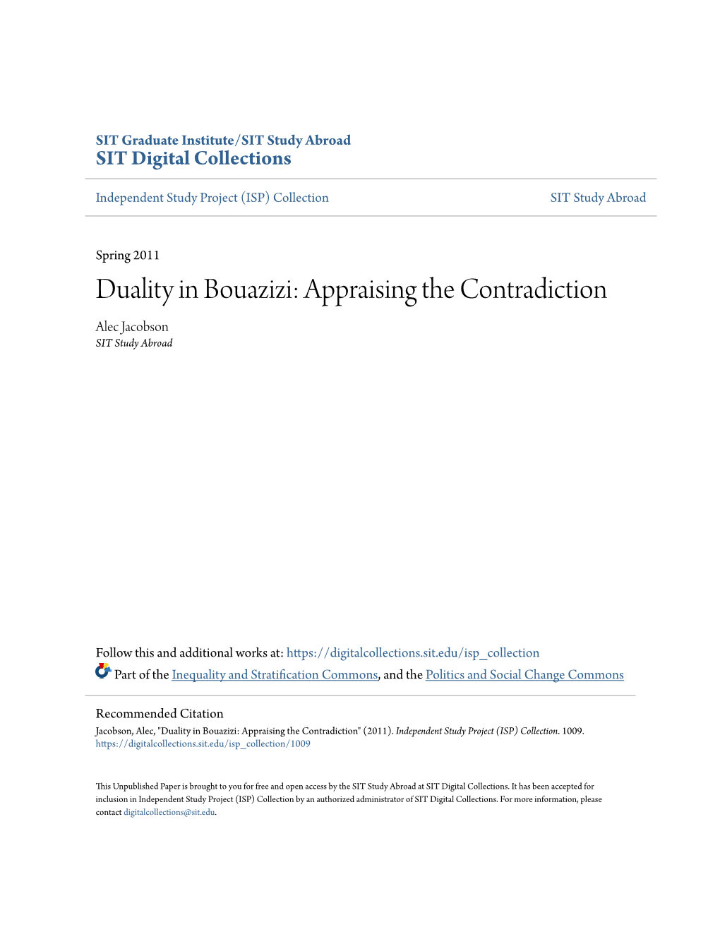 Duality in Bouazizi: Appraising the Contradiction Alec Jacobson SIT Study Abroad