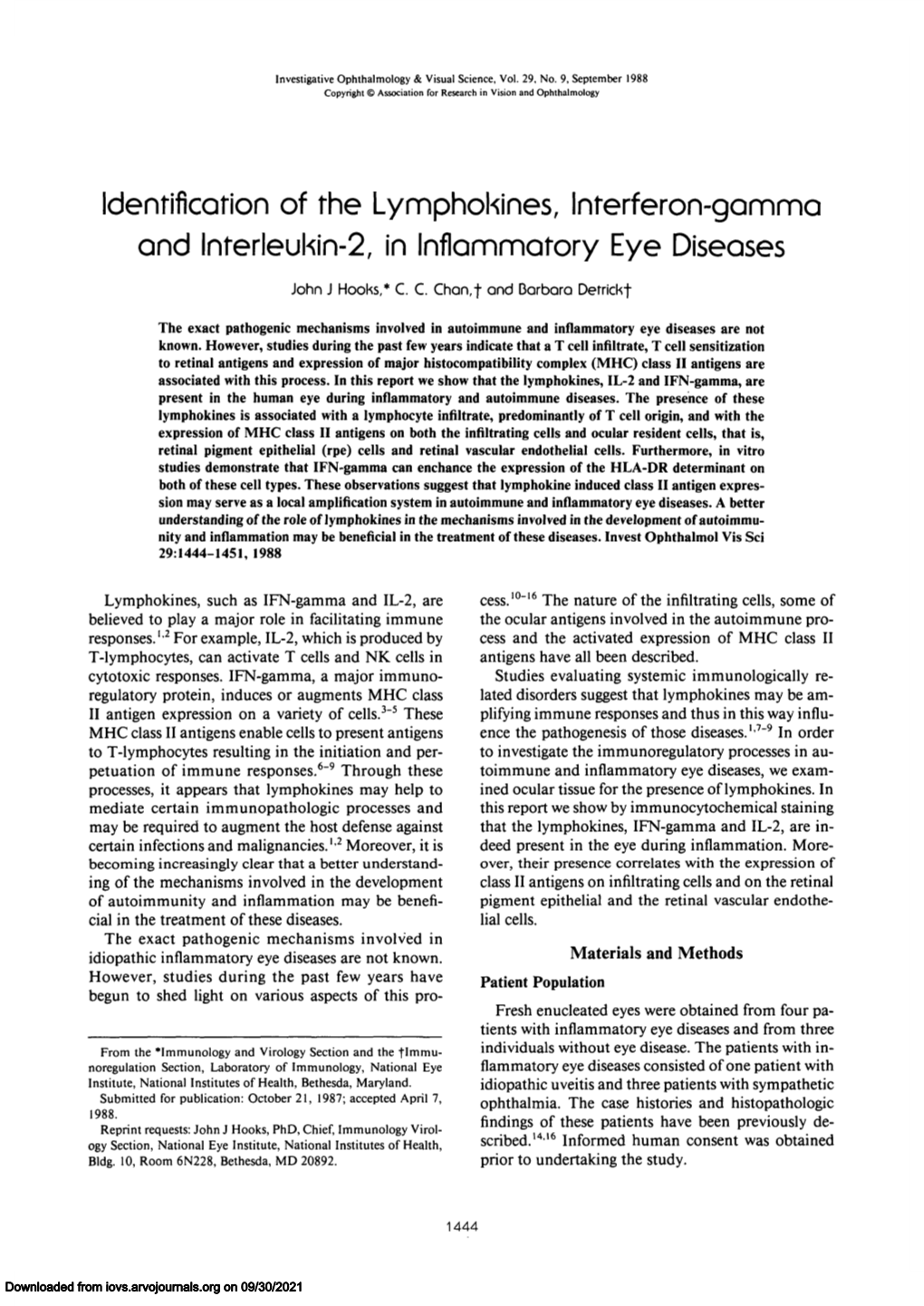 Identification of the Lymphokines, Inferferon-Gamma and Lnterleukin-2, in Inflammatory Eye Diseases