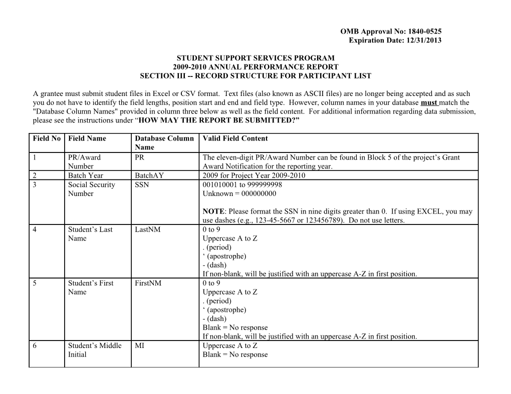 FY 2009-2010 Annual Performance Report Form Section III for the Student Support Services