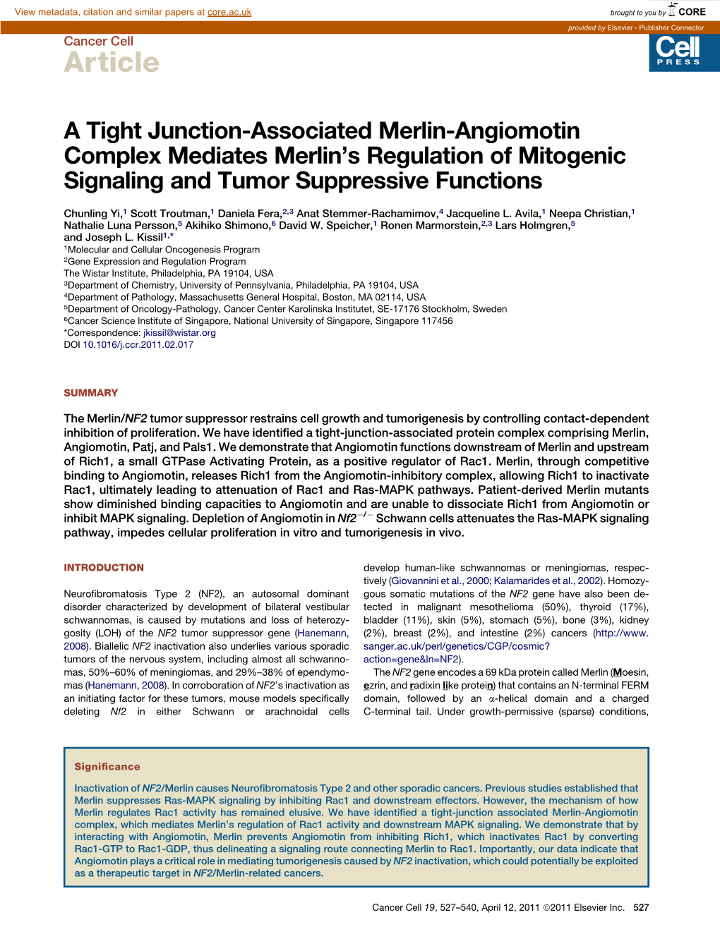 A Tight Junction-Associated Merlin-Angiomotin Complex Mediates Merlin’S Regulation of Mitogenic Signaling and Tumor Suppressive Functions