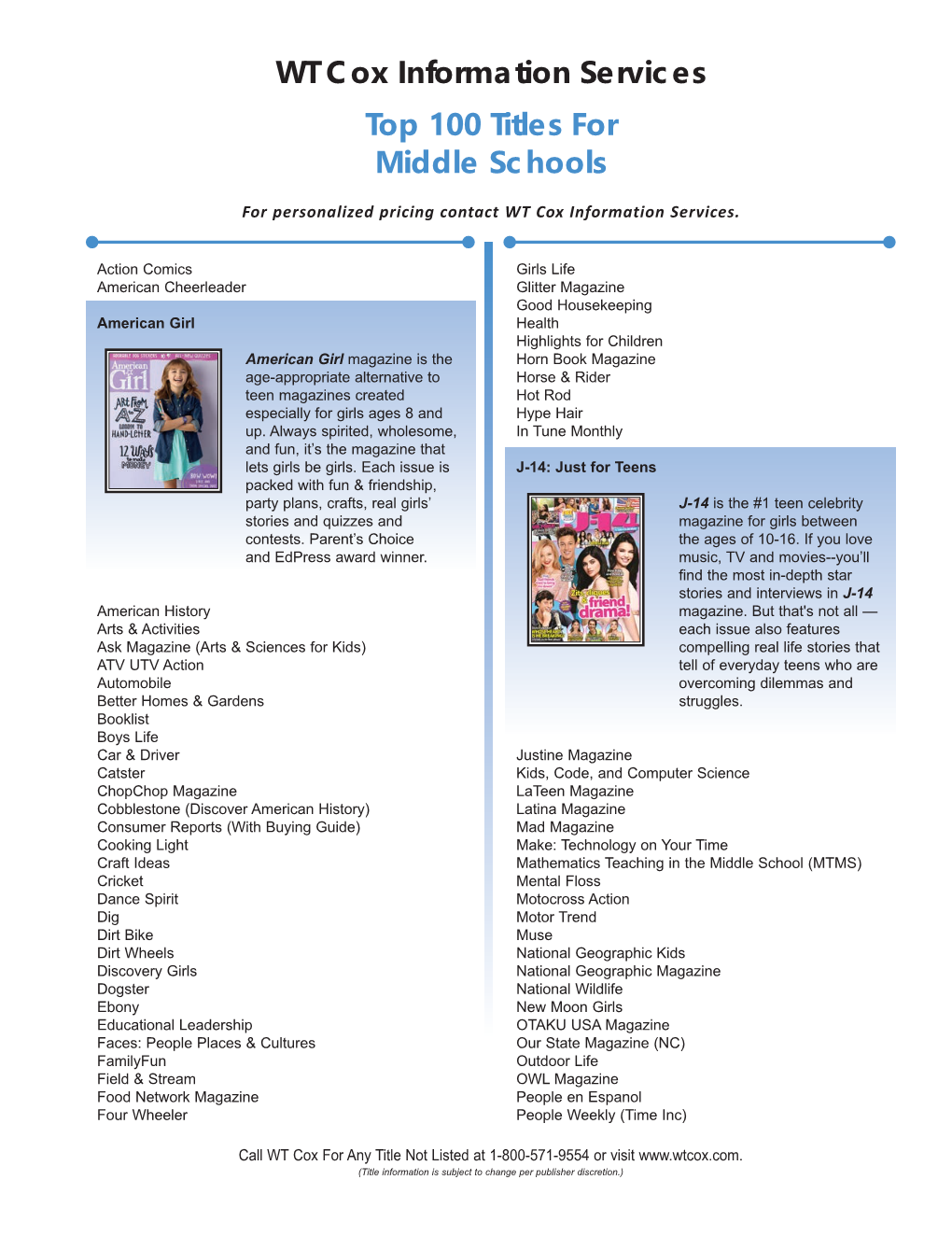 WT Cox Information Services Top 100 Titles for Middle Schools
