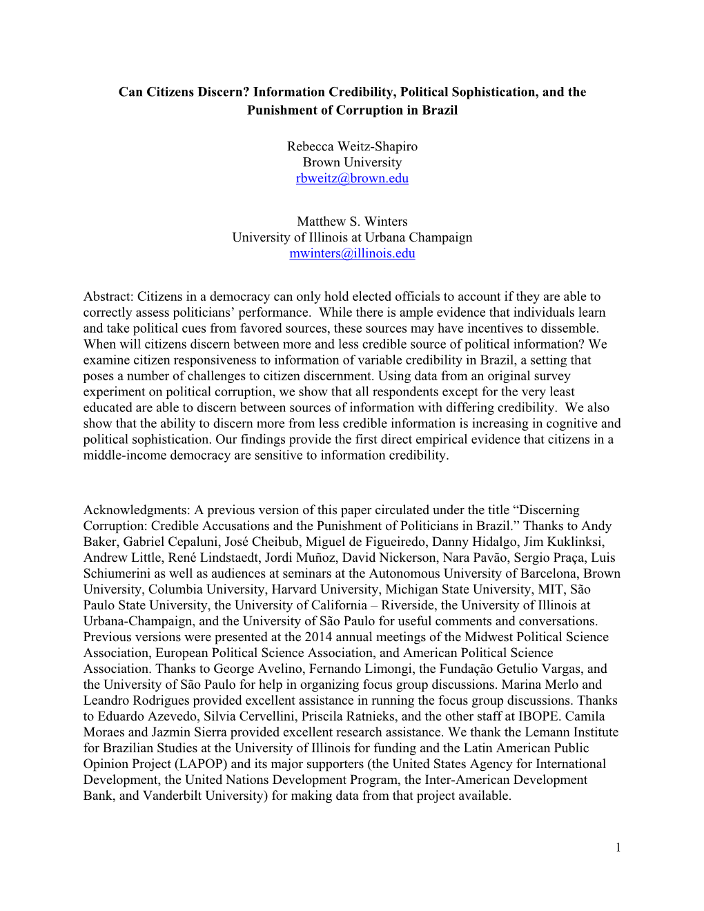 Can Citizens Discern? Information Credibility, Political Sophistication, and the Punishment of Corruption in Brazil