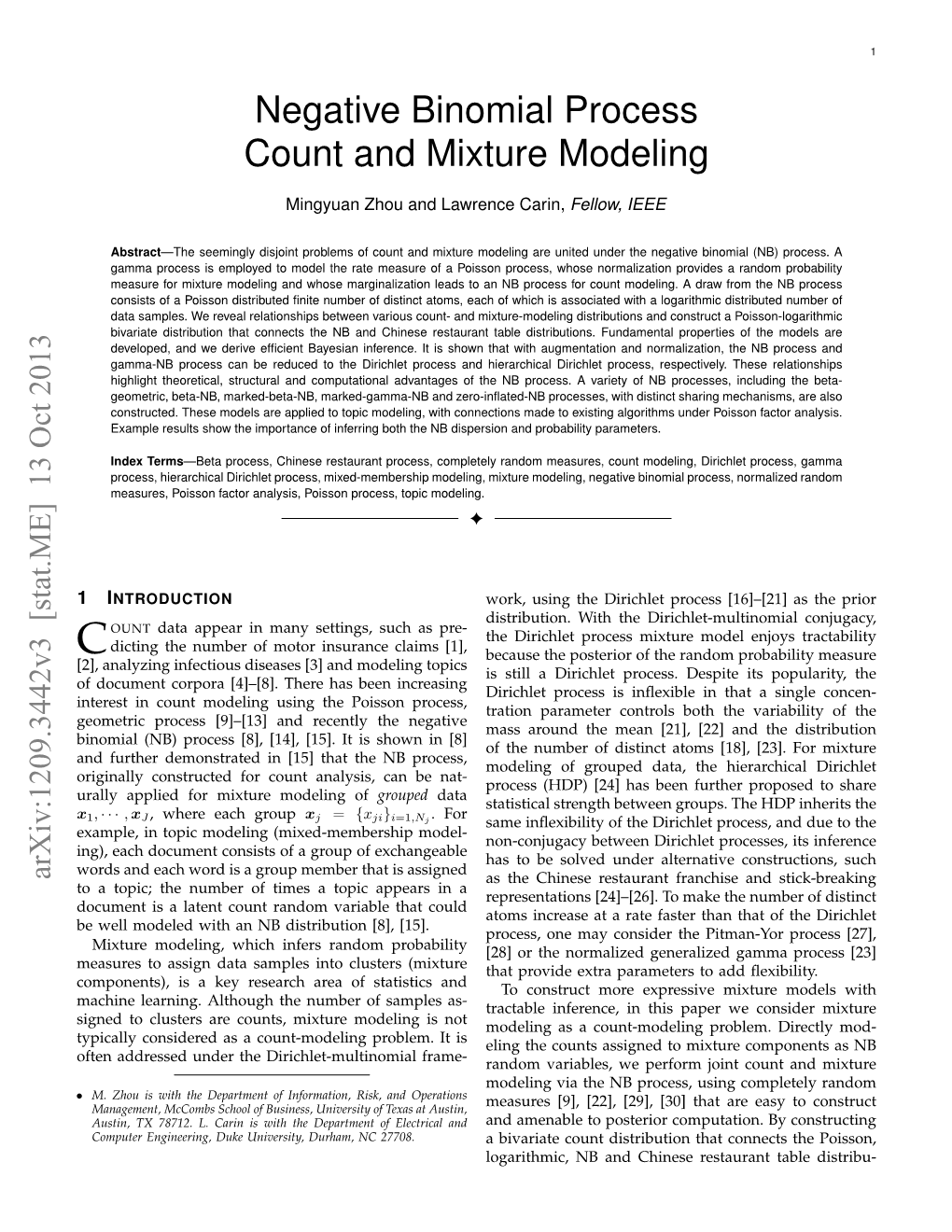 Negative Binomial Process Count and Mixture Modeling